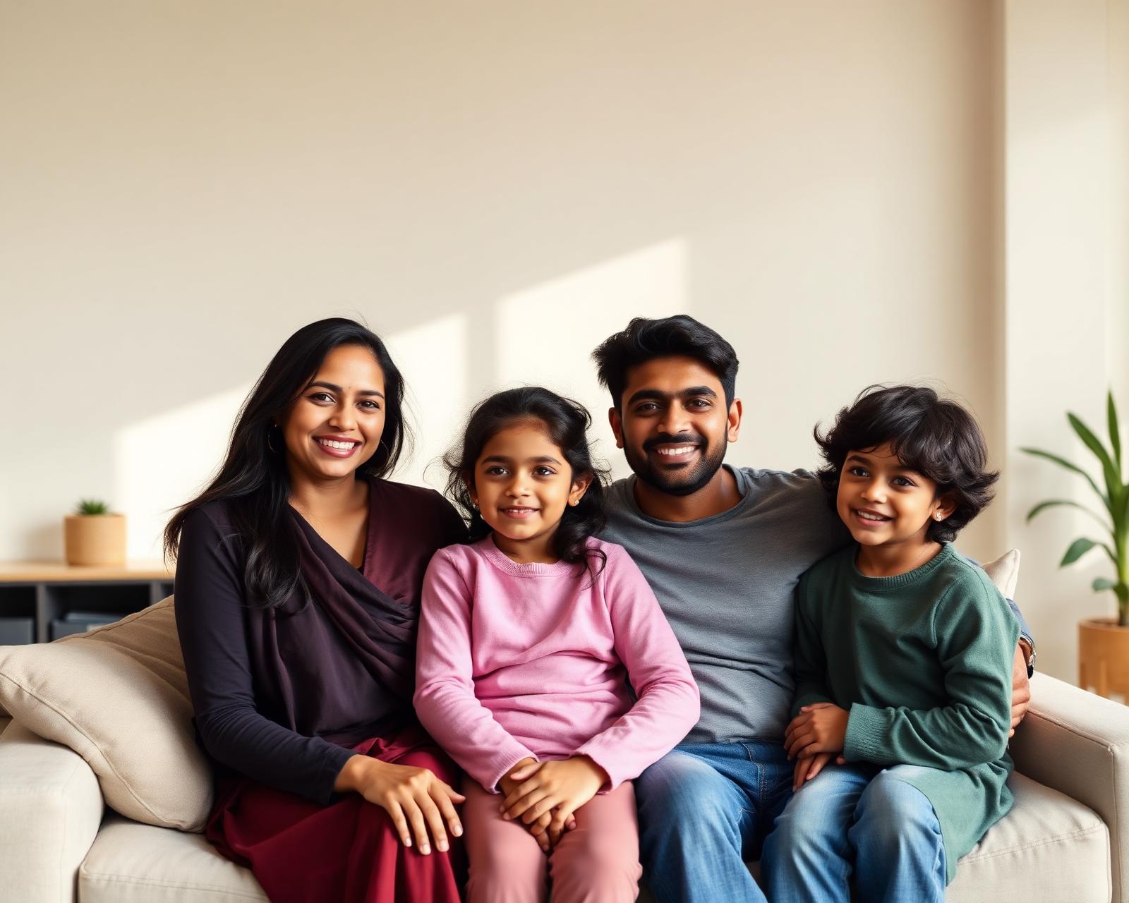 Happy Indian family in a bright living room